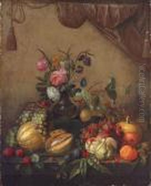 Grapes, Melons, Plums, Peaches,
Oranges, Cherries, A Pumpkin, Aglass Of Wine And A Vase Of Flowers
Before A Wall Draped With Acurtain - view 1