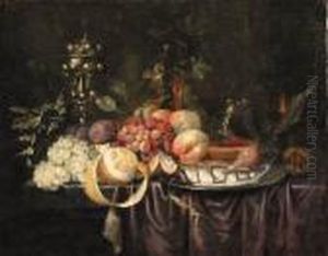 Grapes, Plums, Peaches And
Chestnuts On A Draped Table With Apeeled Lemon A Herring On A Pewter
Plate, A Roemer And A Coveredcup by Jan Davidsz De Heem