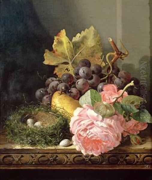 Still life roses fruit and birds nest - view 1