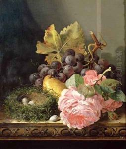 Still life roses fruit and birds nest
