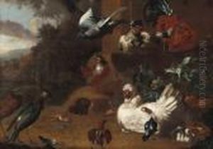 A Cockerel, Hens, Chicks, A Pigeon And Other Birds In A Landscape by Melchior de Hondecoeter