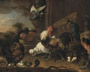 A Cockerel, A Peacock, Hens, Chicks And A Pigeon By A Wall, In Apark Landscape by Melchior de Hondecoeter