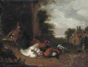 Chickens And Ducks In A Farmyard, A Village Beyond by Melchior de Hondecoeter