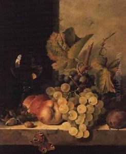 Grapes Peaches and a Wine Glass on a Ledge by Edward Ladell