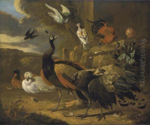 Peacocks, A Rooster, Pigeons, A Swallow, And Other Birds, In Alandscape