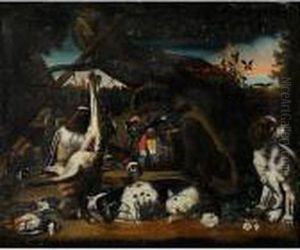 Cani E Cacciagione Nel Paesaggio by Melchior de Hondecoeter
