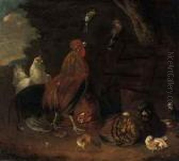 A Rooster, Hens, Chicks And Other Birds In A Landscape - view 1