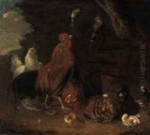A Rooster, Hens, Chicks And Other Birds In A Landscape by Melchior de Hondecoeter