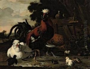 A Rooster, Hens, Chicks And A Pigeon Near A Wood Paling In Alandscape