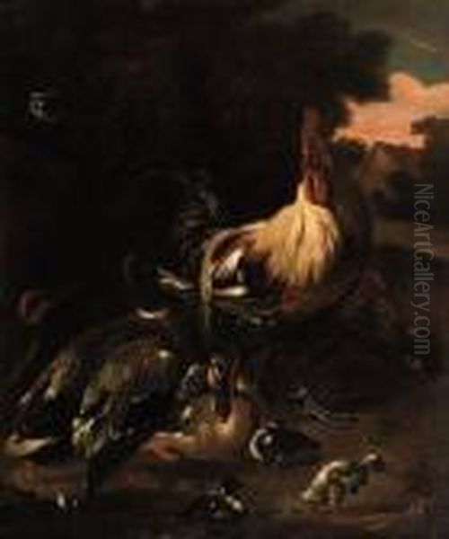 A Rooster, Ducks And Other Birds In A Landscape - view 1