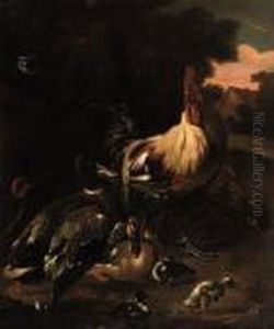 A Rooster, Ducks And Other Birds In A Landscape by Melchior de Hondecoeter