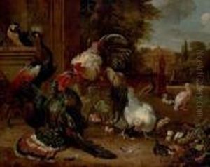 A Cockerel And A Turkey 
Fighting, Hens, A Parrot, A Peacock, Amuscovy Duck, A Pelican And Other 
Birds In A Garden, A Pond With Aswan And A Flamingo, A Fountain And A 
Palladian House Beyond