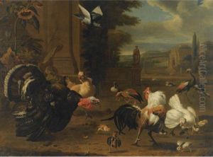 A Palace Garden With Exotic Birds And Farmyard Fowl