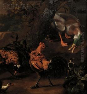 A Mallard, Two Cockerels, And Ducklings In A Landscape