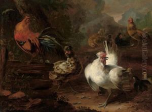 Cockerels, Chicks And Hens In A Wooded Landscape, Mountains Beyond