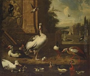 Geese, Ducks, A Magpie And Other
 Birds At A Pond, An Architectural Capriccio Landscape Beyond