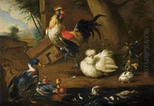 Huhner Und Enten Vor Einem Architekturfragment by Melchior de Hondecoeter