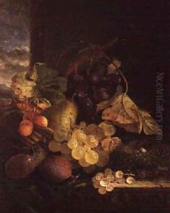 A Still Life with a Basket of Fruit and a Birds Nest on a Wooden Ledge