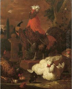 Chiocce Con Pulcini, Gallo Vittorioso E Pavone by Melchior de Hondecoeter