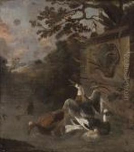 Ducks And Ducklings In A River Landscape by Melchior de Hondecoeter