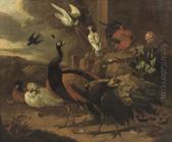 Peacocks, A Rooster, Pigeons And Other Birds Near A Ruinous Wall In A Rocky Landscape - view 1