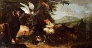 Geflugel, Eine Taube Und Ein Wiedehopf In Einer Landschaft by Melchior de Hondecoeter
