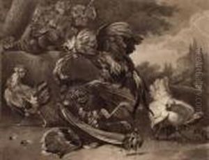Kampfender Hahn Und Truthahn In Landschaft by Melchior de Hondecoeter