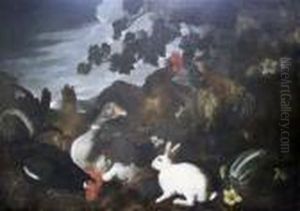 Cockerels, Goose And White Rabbit In Landscape