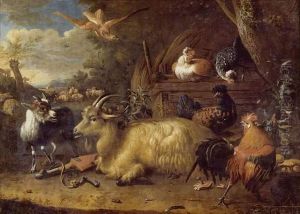 Chevre, Chevreau Et Poules Dans Un Paysage