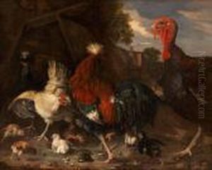 Honsmamma Forsvarar Sina Kycklingar Mot En Kalkon by Melchior de Hondecoeter