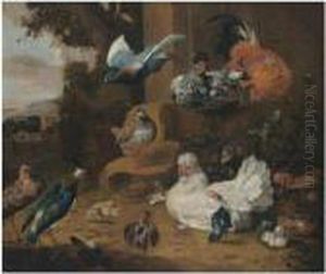 Hens, Chickens, A Pigeon And A Lapwing In A Garden Landscape