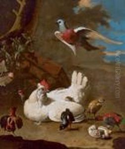 Eine Henne Mit Kuken Und Einer Fliegenden Taube by Melchior de Hondecoeter