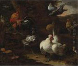 A Farmyard Scene With Poultry, Chicks And A Pigeon, A Wooded Landscape Beyond