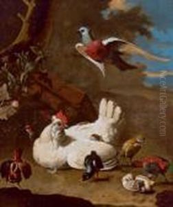 Gallina Con I Pulcini E Colombo In Volo by Melchior de Hondecoeter