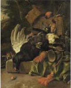 Still Life With Dead Game And Hunting Equipment On A Stone Slab by Melchior de Hondecoeter