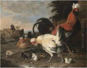 A Farmyard Still Life With Poultry, Hens, Chickens, And A Cockerel In A Farmyard by Melchior de Hondecoeter