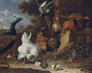 A Cockerel, Hens, Chicks, A 
Partridge, Pheasants, A Peacock And A Pigeon By A Wall In The Park Of A 
Mansion
