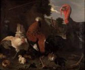 Truthahn, Hahn Und Henne Mit Kuken In Landschaft by Melchior de Hondecoeter