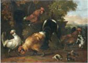 A Farmyard Scene With Hens, Cockerels, Chicks In A Landscape by Melchior de Hondecoeter