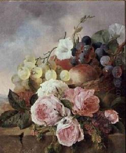 Still life of fruit and roses on a ledge by Edward Ladell