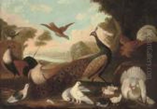 A Peacock, A Cockeral, A Hen And
 Her Chicks, A Grouse And Other Foul In A Wooded River Landscape - view 1