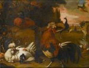 A Hen, A Cockerel, A Peacock, A Pheasant And A Ruddy Shelduck In A Park Landscape by Melchior de Hondecoeter
