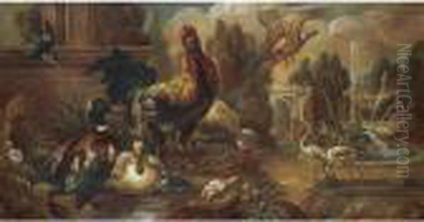 Still Life With A Mallord Drake,
 Chickens, Flammingoes, A Cock Pheasant And A Kingfisher In A Parkland 
Setting - view 1