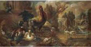 Still Life With A Mallord Drake,
Chickens, Flammingoes, A Cock Pheasant And A Kingfisher In A Parkland
Setting by Melchior de Hondecoeter
