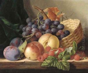 Grapes, peaches, raspberries, and plums with a basket on a wooden shelf