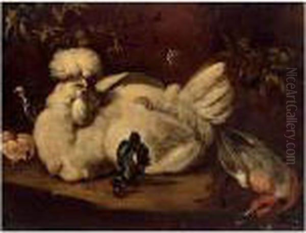 A Hen, Chicks And A Duck In A Landscape - view 1