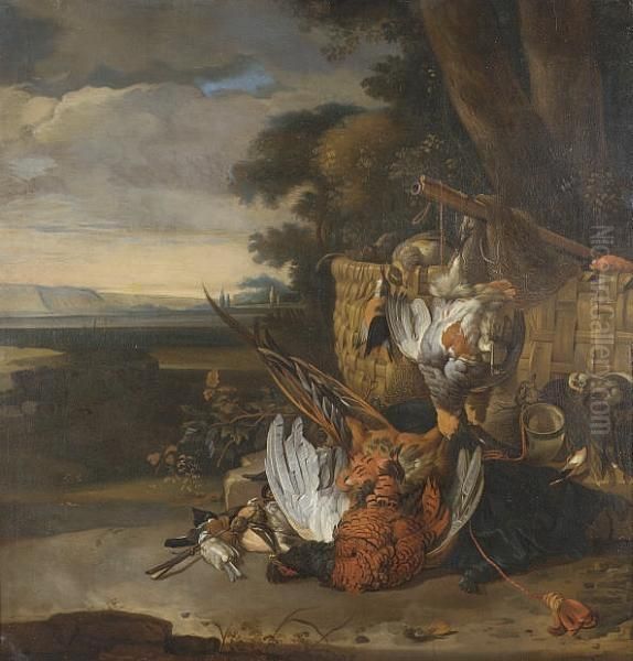 A Hunt Still Life With A Dead 
Pheasant, Grouse, Songbirds, Kingfisher And Other Birds, With A Horn, 
Basket, Net And Musket, Before A Tree, A View To An Extensive Landcsape 
Beyond - view 1