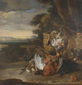 A Hunt Still Life With A Dead
Pheasant, Grouse, Songbirds, Kingfisher And Other Birds, With A Horn,
Basket, Net And Musket, Before A Tree, A View To An Extensive Landcsape
Beyond by Melchior de Hondecoeter