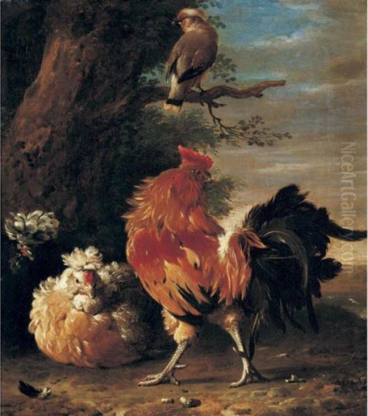 A Cockerel, Two Hens And A Waxwing In A Landscape - view 1