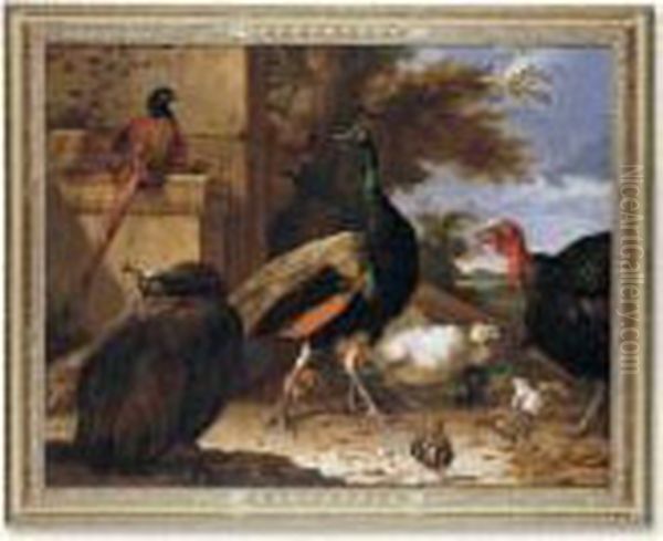 A Peacock, A Pea-hen, A 
Pheasant, A Turkey, A Cockerel And Chicks By A Wall, A Landscape Beyond - view 1
